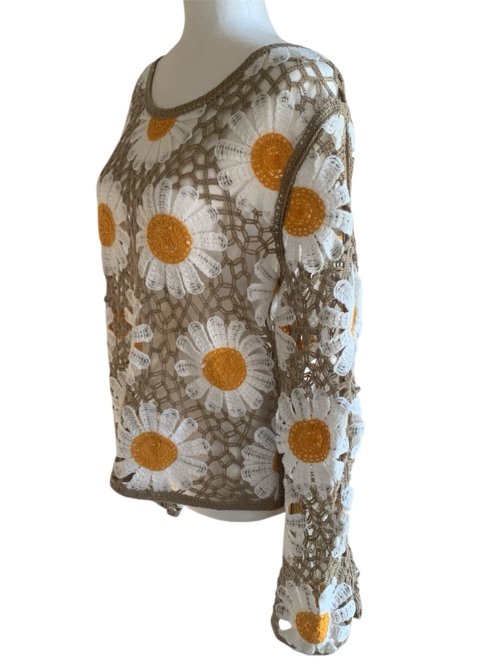 🌼Crochet Daisy Lace Sheer Top Long Sleeve White Yellow Taupe L - Picture 8 of 14